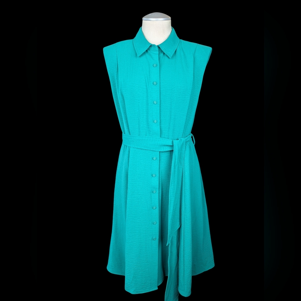 Calvin Klein Vintage 80's Style Sleeveless Emerald Green Button-Down A-lineDress